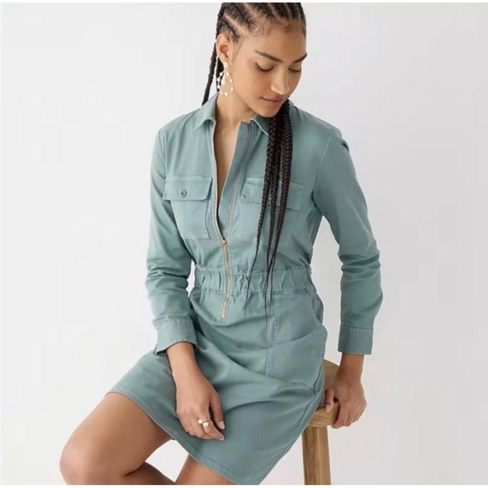 J.Crew Womens Sage Green Cotton Twill Utility Zip Front Mini Shirt Dress Size 10